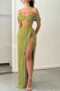 One Shoulder Sleeveless Long Mermaid Split Prom Dress With Sequins