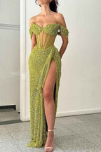 One Shoulder Sleeveless Long Mermaid Split Prom Dress With Sequins