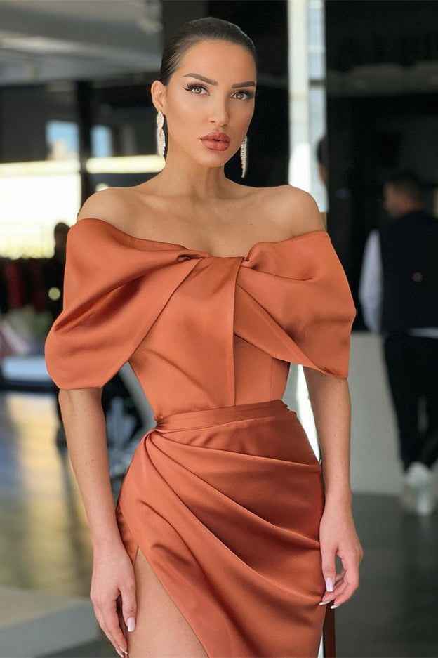 Mermaid Off the Shoulder Strapless Burnt Orange Prom Dress With High Split