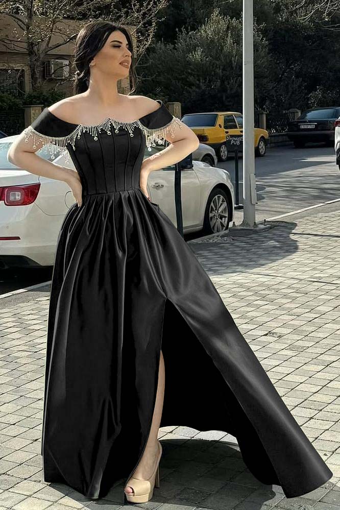 Off the Shoulder Sleeveless Long Split Prom Dress With Pleated Beading