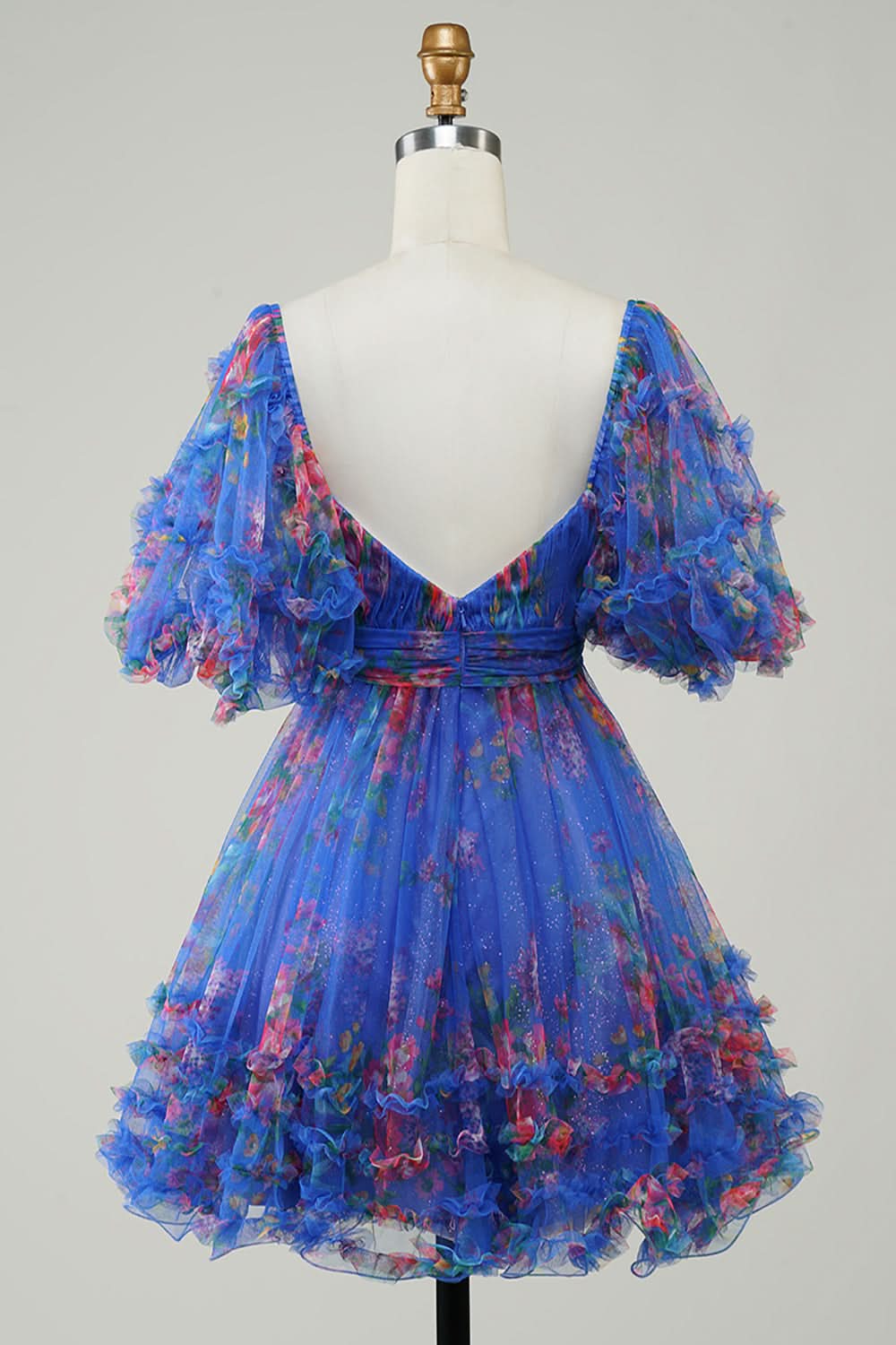 Fuchsia Puff Sleeves A-Line Floral Short Homecoming Dress with Ruffles Bmbride