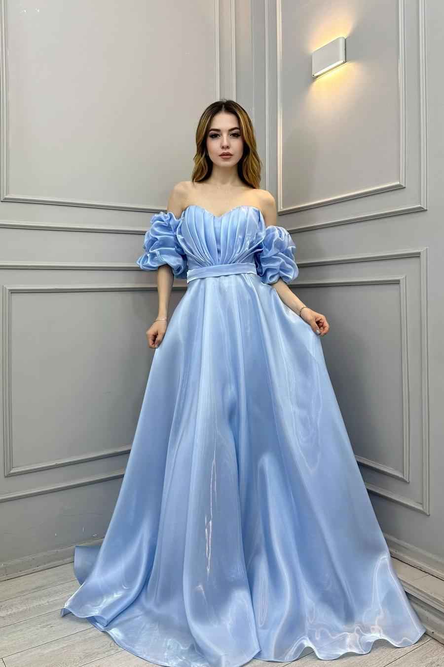 Off the Shoulder Bubble Sleeves Long Prom Dress With Pleated