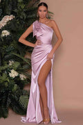 Elegant One Shoulder Sleeveless Mermaid Pleated Long Prom Dress With Split