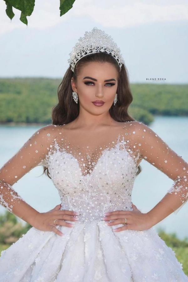 Long Ball Gown Jewel Neck Sweetheart Wedding Dress with Long Sleeves and Beading BM bride