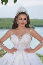 Long Ball Gown Jewel Neck Sweetheart Wedding Dress with Long Sleeves and Beading BM bride