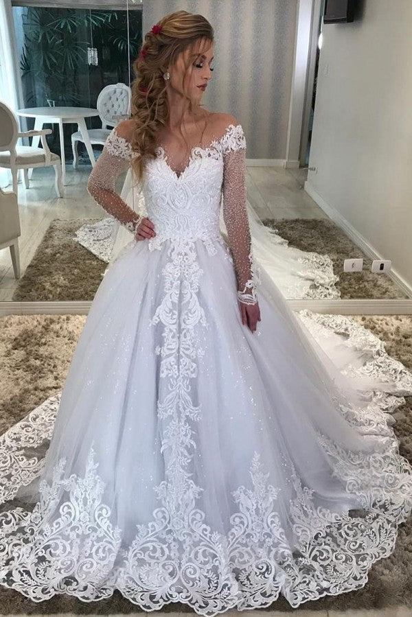 Vintage Train A-Line Sweetheart Off-the-Shoulder Long Sleeve Wedding Dress with Lace, Appliques, and Sequins BM bride
