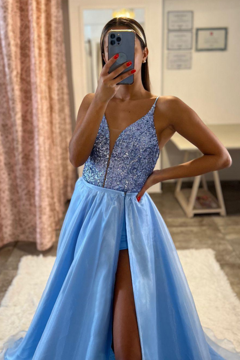 Blue Lace-Up V Neck Spaghetti Strap Long Prom Dress With Slit