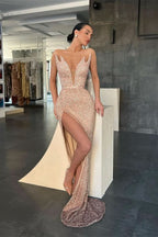 V-Neck Sleeveless Sequins Mermaid Evening Dress with Split BM bride