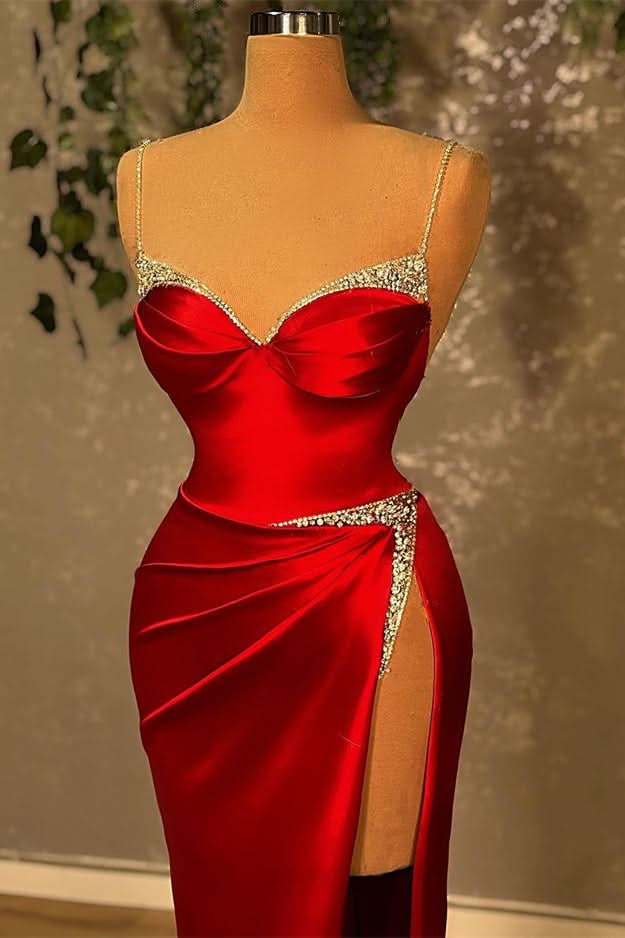 Burgundy Spaghetti-Straps Mermaid Prom Dress with Split and Beadings BM bride