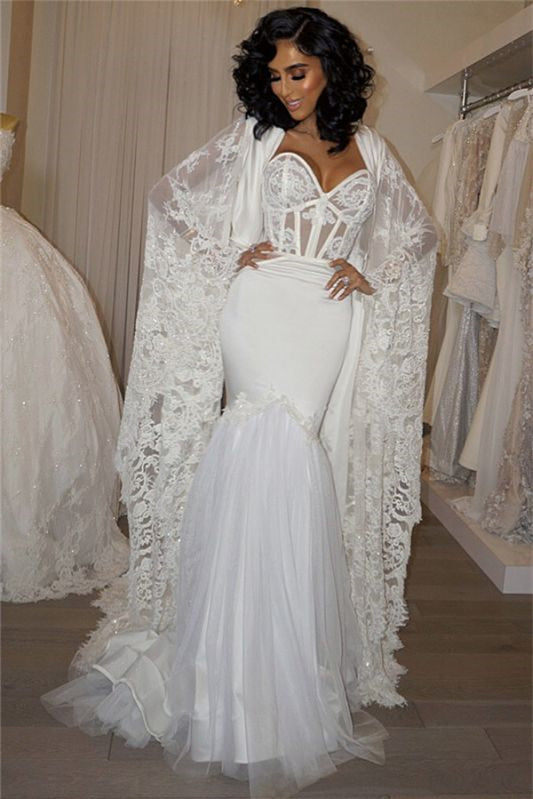 Modern Sweetheart Mermaid Wedding Dress with Lace Cape BM bride