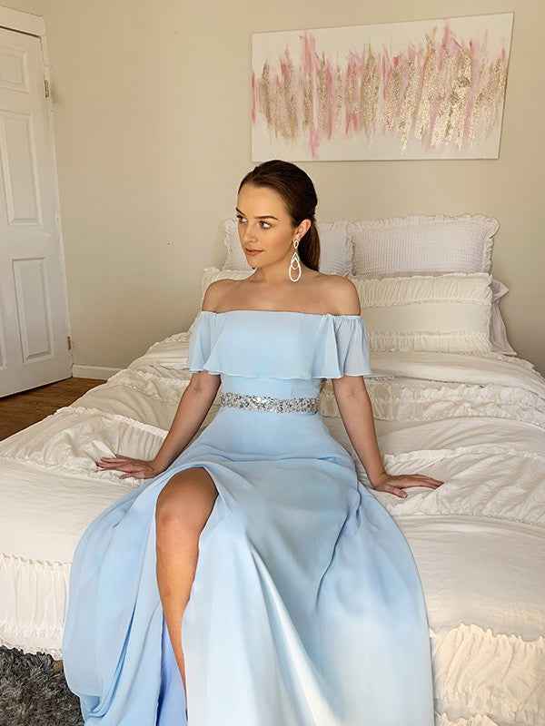 Sky Blue Off the Shoulder Sleeveless Beadings Prom Dress With Front Split