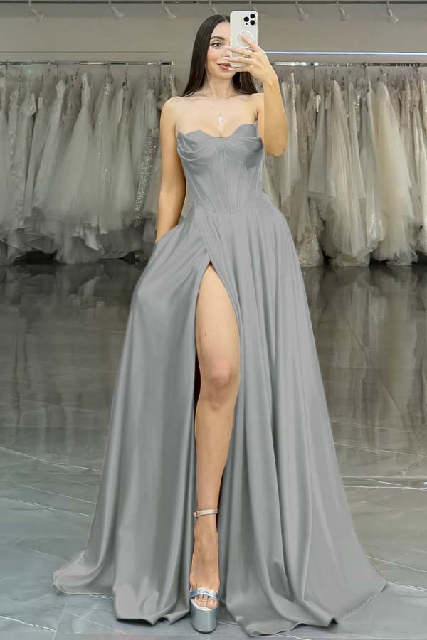 Strapless Sleeveless Long High Split Prom Dress With Pleated