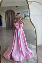 Pink Sweetheart Strapless Sleeveless A Line Long Prom Dress With Bowknot
