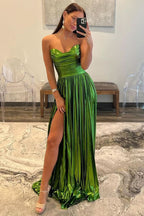 Enchanting Green Metallic Strapless Pleated A-Line Long Prom Dress BM bride