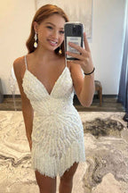 Sparkly White Beaded Tight Short Homecoming Dress with Fringes Bmbride