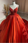 Sleeveless Spaghetti Straps Backless Satin Wedding Dress With Appliques Lace BM bride