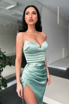 Sleeveless Mermaid Spaghetti Strap Pleated Long Prom Dress With High Split