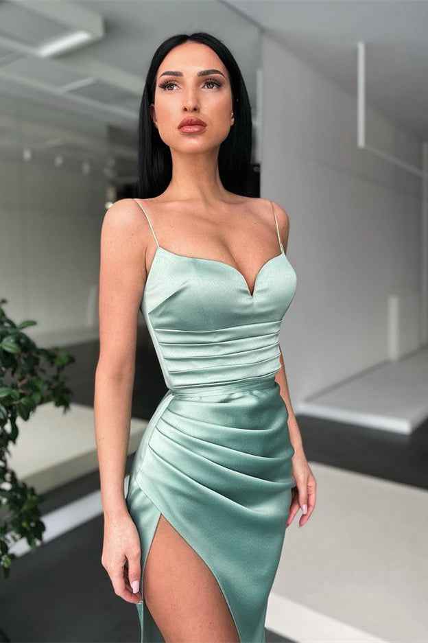 Sleeveless Mermaid Spaghetti Strap Pleated Long Prom Dress With High Split