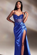 Glamorous Royal Blue Spaghetti Strap Prom Dress with Split Pleated Mermaid Design BM bride