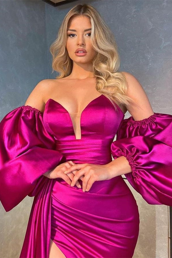 Shiny V-Neck Evening Prom Dress with Detachable Sleeves, Ruffles, and Split BM bride