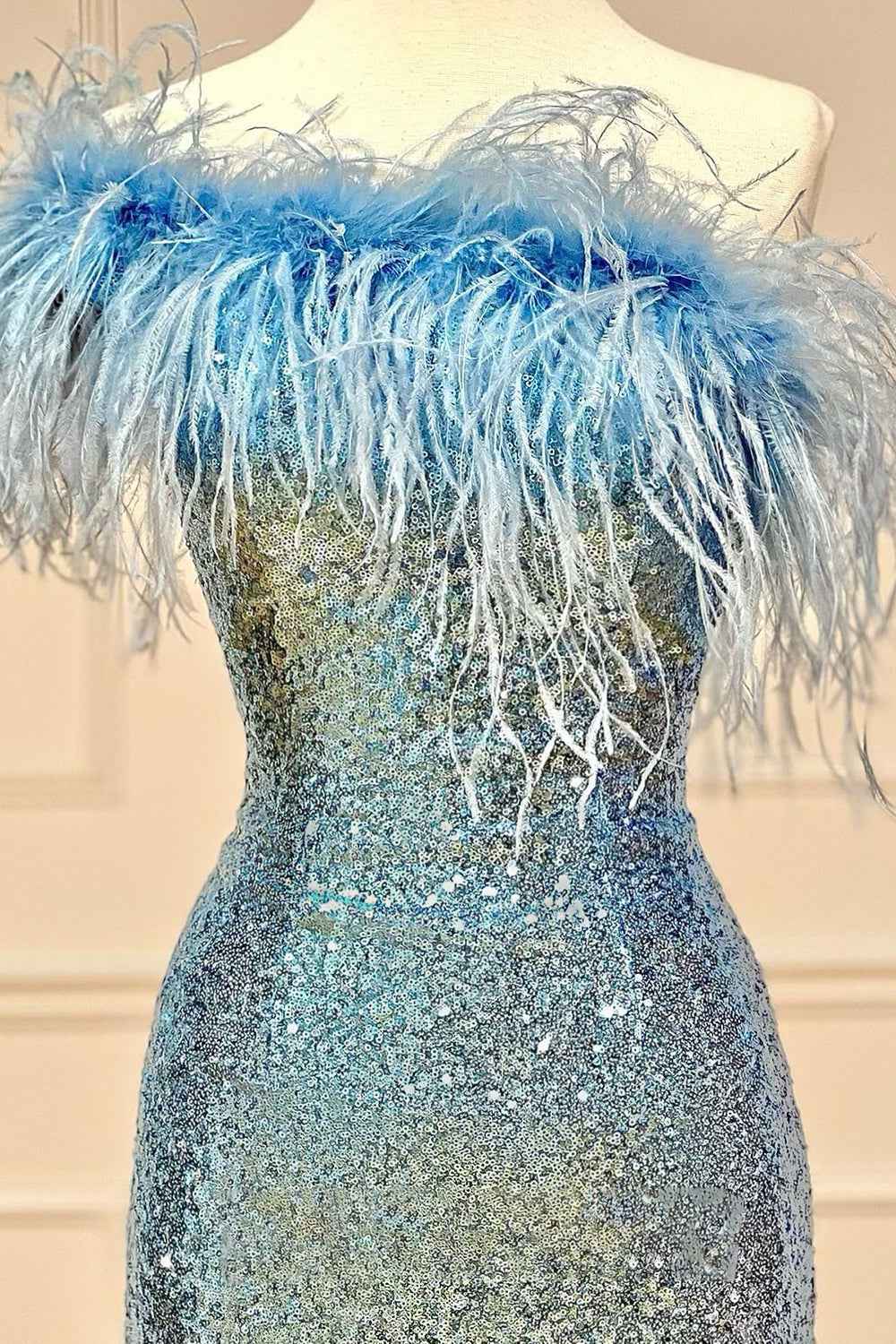 Pink Sparkly Tight Sequins Homecoming Dress with Feathers