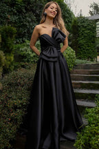 Strapless Sleeveless A Line Long Prom Dress With Bowknot Pleated