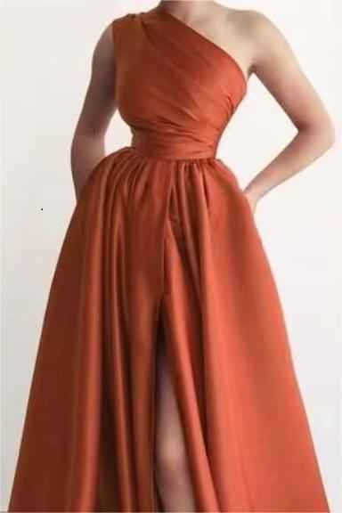 Burnt Orange Elegant One Shoulder Sleeveless Prom Dress A Line Split With Pockets