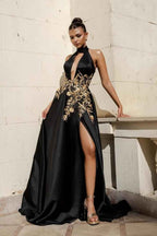 Halter Sleeveless Long Prom Dress With High Split Appliques