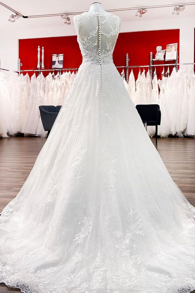 Graceful Jewel Neck Long A-Line Tulle Wedding Dress with Lace Appliques BM bride