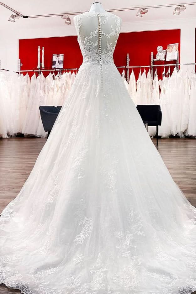 Graceful Jewel Neck Long A-Line Tulle Wedding Dress with Lace Appliques BM bride