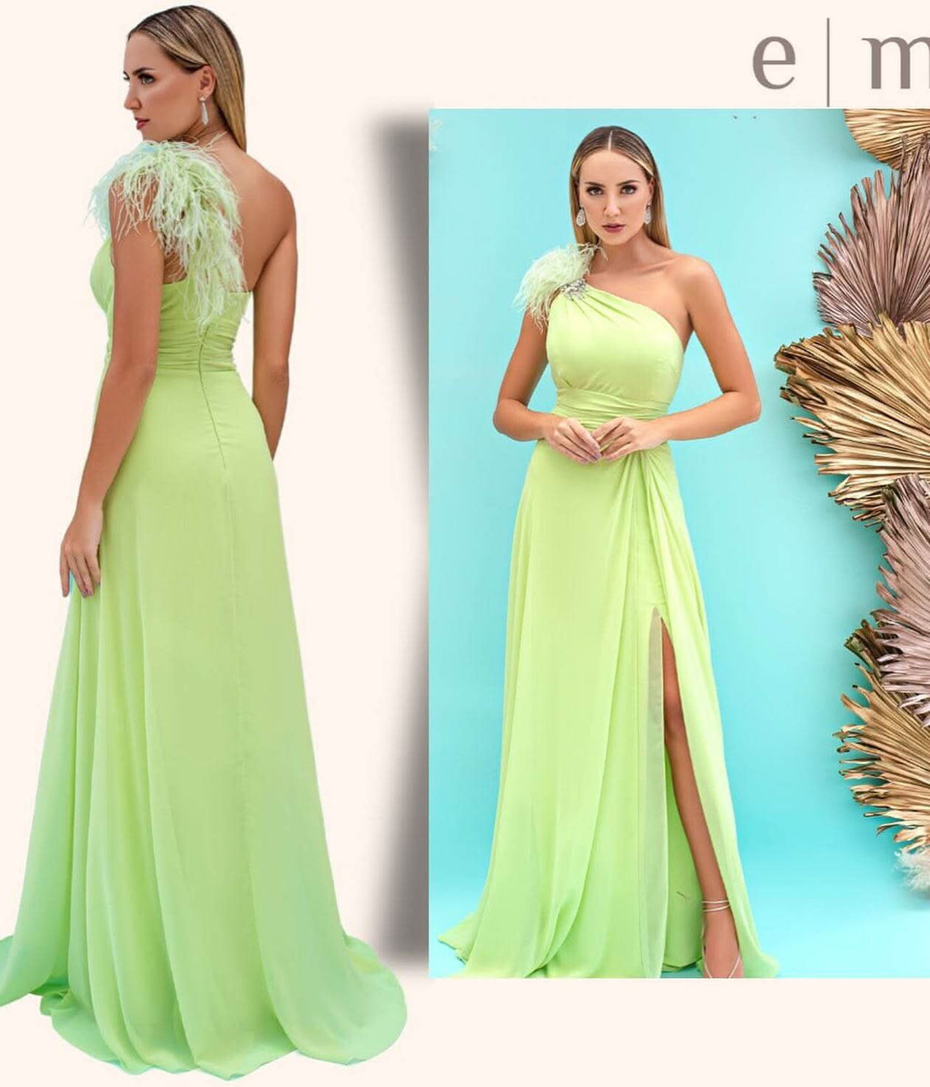 Light Green One-Shoulder Mermaid Evening Dress with Feather Front Split BM bride