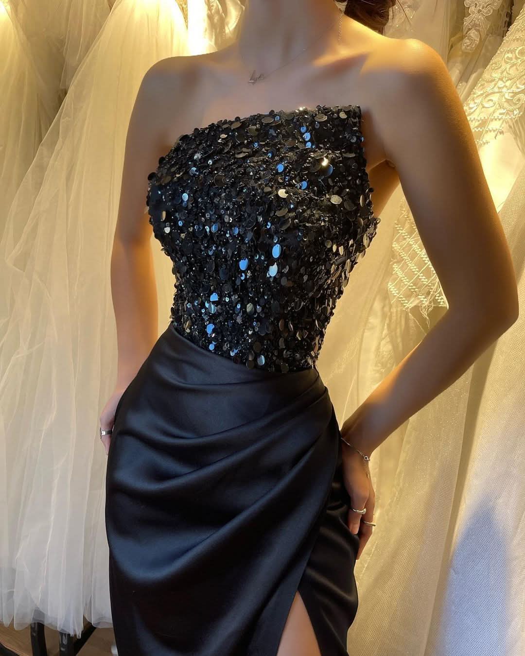 Beautiful Black Sequins Sleeveless Strapless Prom Dress with High Slit BM bride