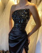 Beautiful Black Prom Dress Sequins Sleeveless Strapless With High Slit