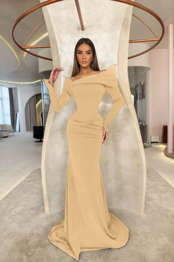 Off the Shoulder Long Sleeves Long Mermaid Prom Dress With Pleated BMBRIDE