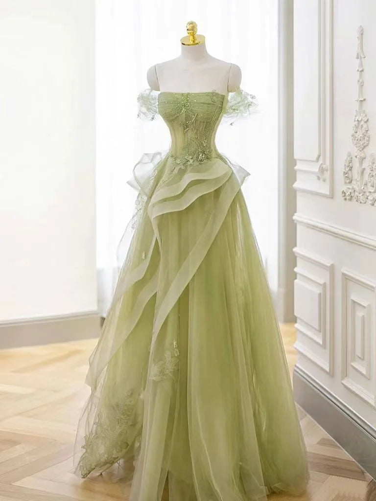 Tulle Off the Shoulder Sleeveless Long Prom Dress With Appliques BMBRIDE