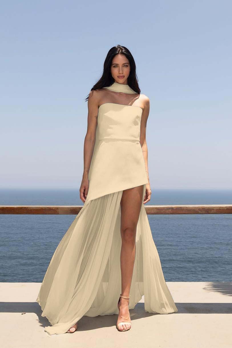 Strapless Sleeveless Split Long Prom Dress With Pleated Tulle