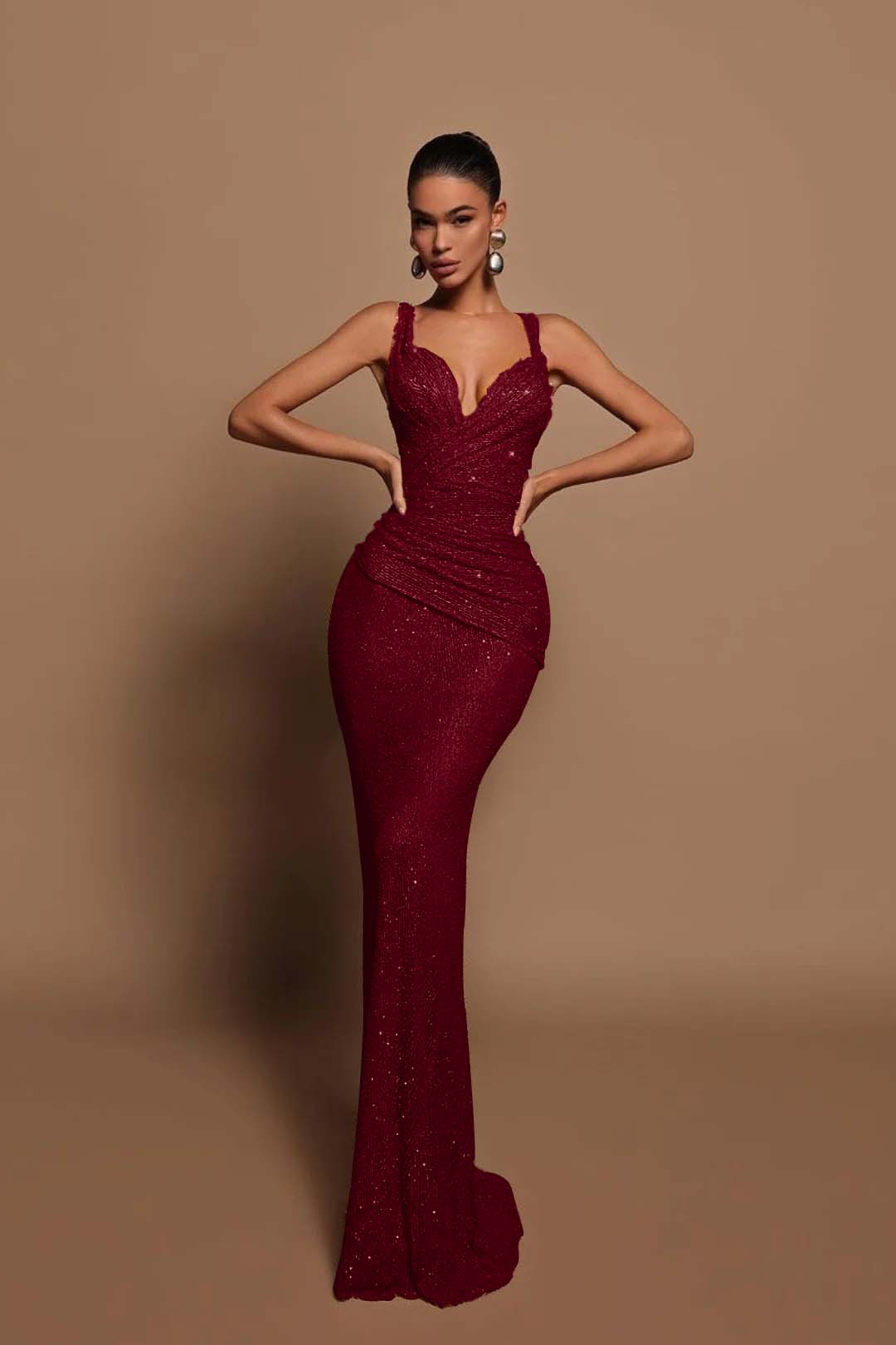 Sexy Pink Long Sequins Prom Dress V Neck Mermaid Sleeveless BMBRIDE