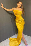 Elegant Yellow Strapless Sleeveless Mermaid Prom Dress with Split On Sale BM bride