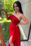 Red One Shoulder Sequins Mermaid Prom Dress with Strapless and Split BM bride