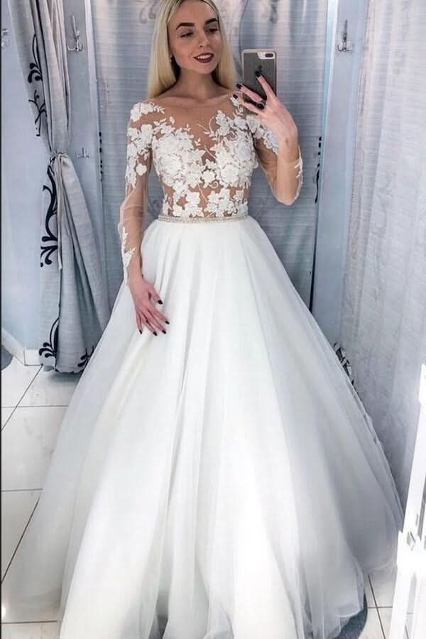 A-line Crystal Wedding Dress Deep V-neck Floor-length With Appliques Lace BM bride