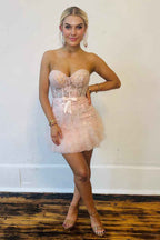 Sparkly Pink Corset Sequins Short Homecoming Dress with Ruffles