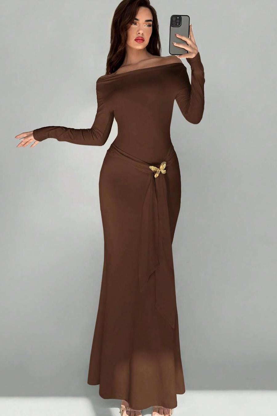 Off the Shoulder Long Sleeves Long Mermaid Prom Dress With Appliques BMBRIDE