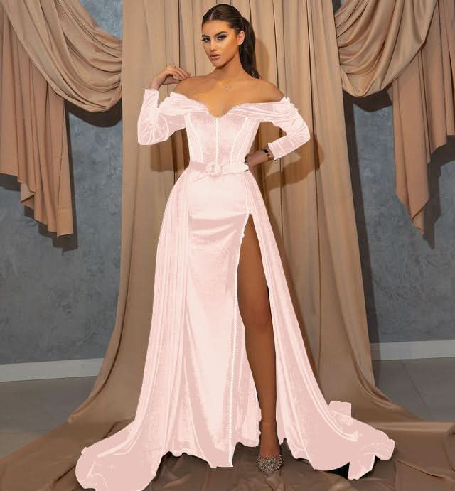 Dark Green Long Sleeve Sweetheart Mermaid Prom Dress with Front Split and Belt BM bride