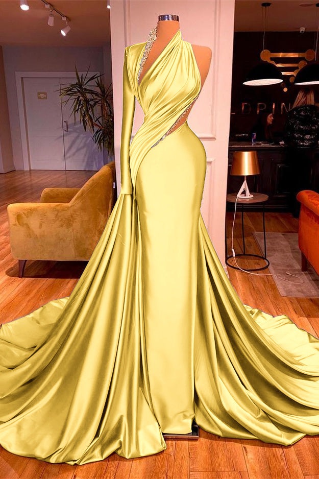 One Shoulder Long Beading Prom Dress Mermaid With Long Sleeve BMBRIDE
