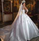 Gorgeous Long Princess Sweetheart Satin Wedding Dress with Sleeves BM bride