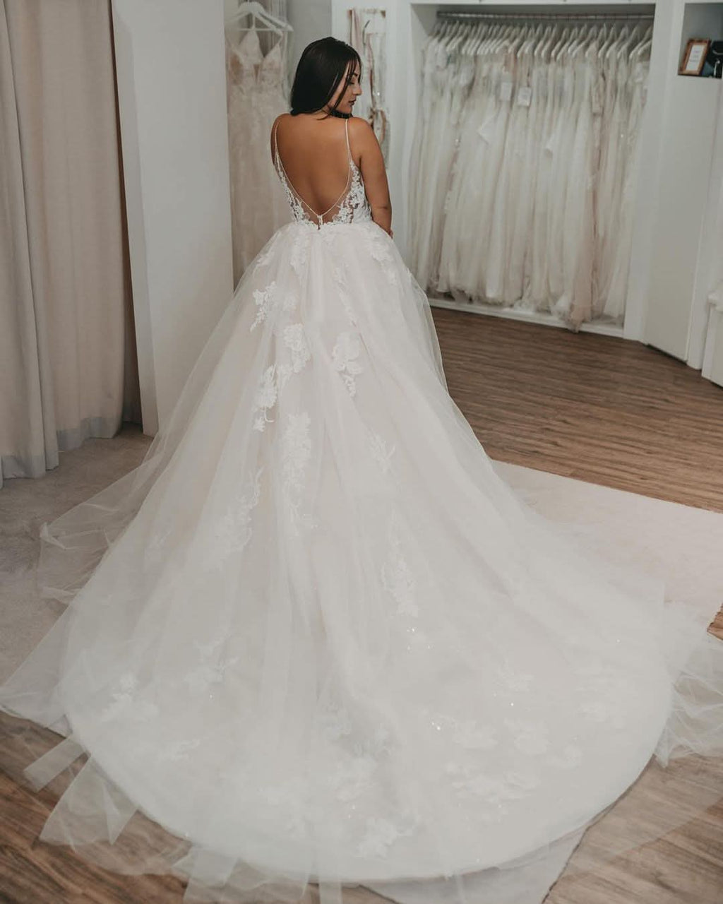 Elegant Long A-Line V-Neck Wedding Dress with Open Back and Tulle BM bride