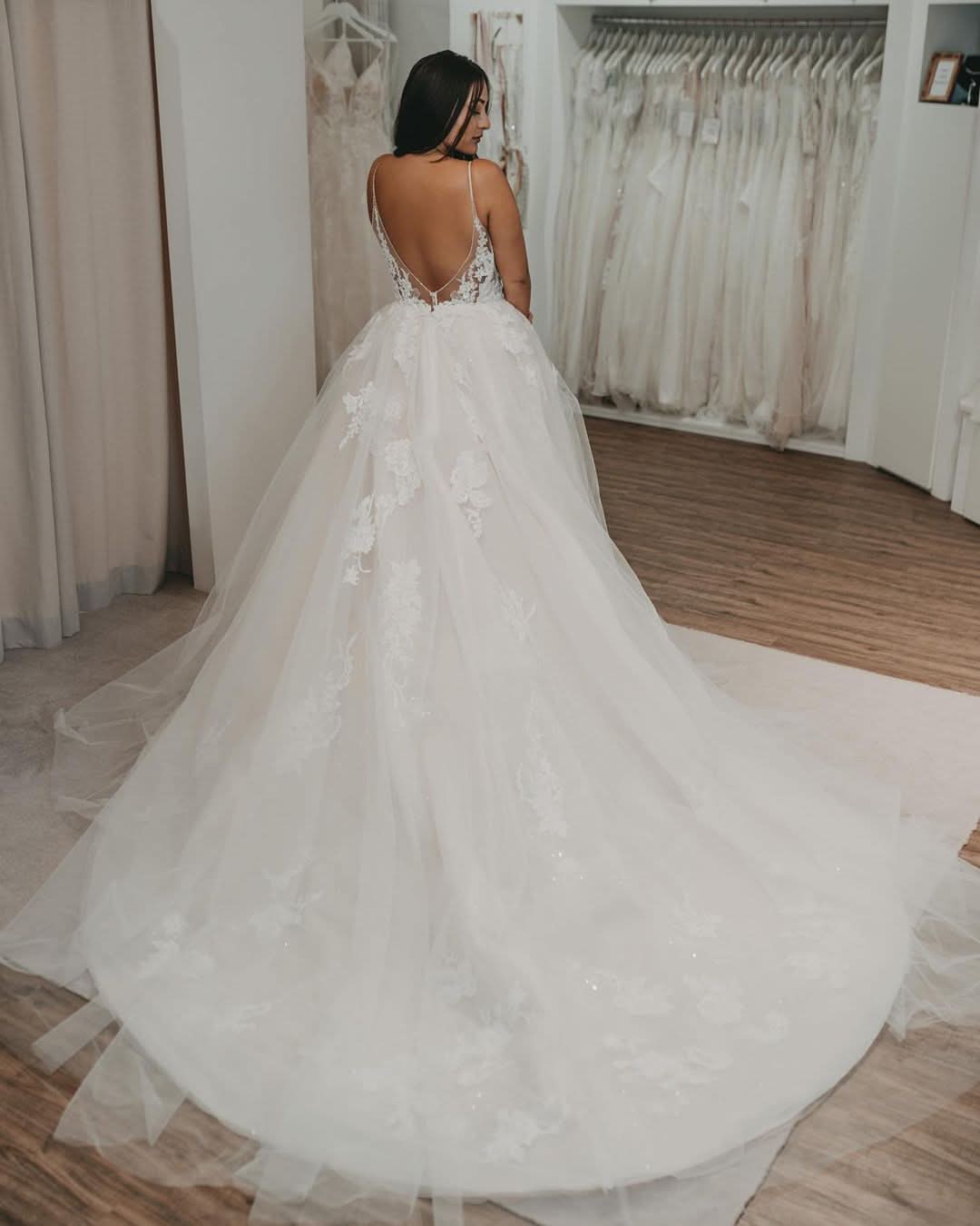 Elegant Long A-Line V-Neck Wedding Dress with Open Back and Tulle BM bride