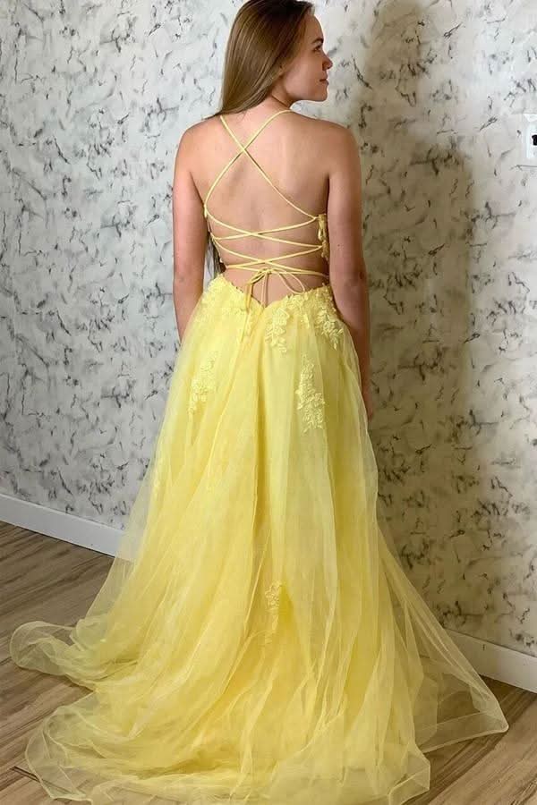 Yellow Lace Appliques Long Evening Dress BM bride