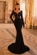 Long Sleeves Mermaid Long Prom Dress With Appliques Pleated BMBRIDE