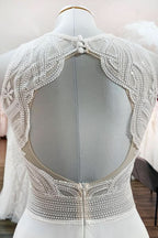 Long Satin A-line Wedding Dress Jewel Open Back With Ruffles Appliques BM bride